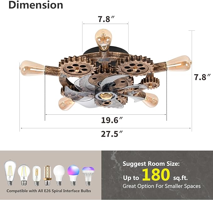 20" Retro Industrial Steampunk Ceiling Fans with Lights and Remote,Low Profile Flush Mount Bladeless Ceiling Fan with Light,Nautical Style 6 Speeds for Bedroom Kitchen Island Bar Cafe