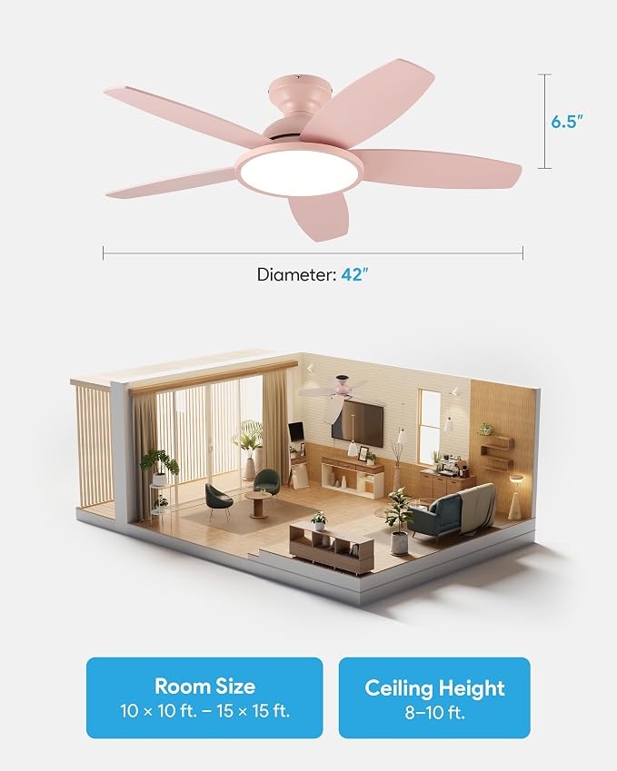 VONLUCE Ceiling Fans with Lights, 42 Inch Ceiling Fan and Remote, Full-Spectrum LED Light, 3CCT, 6-Speeds Noiseless Reversible DC Motor, Modern Ceiling Fan for Bedroom Living Room Farmhouse, Pink