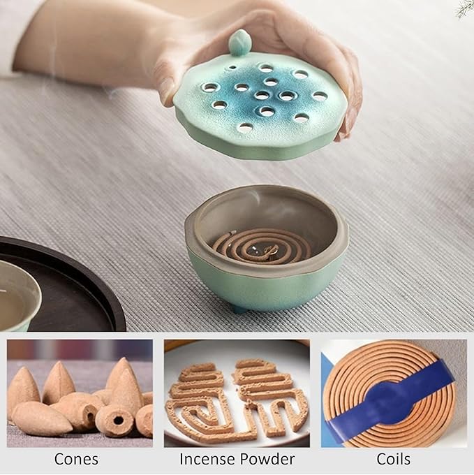 Zen Incense Burner with Lotus Lid Design (Lake Blue), Ceramic Incense Holder for Bakhoor, Stick, Powder, Cone, Coil, and Tower Incense, Home Fragrance Decor