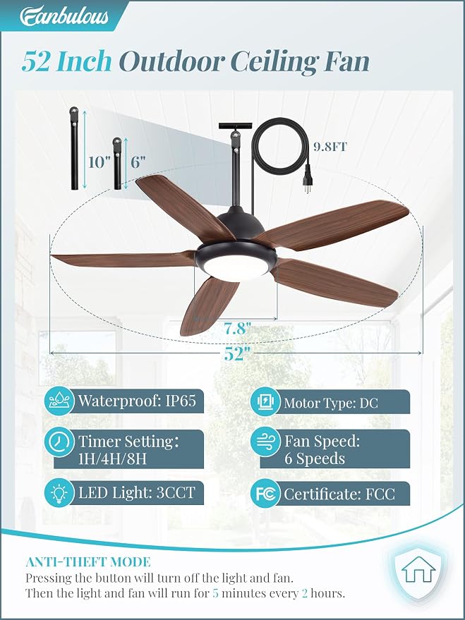 Fanbulous 52 Inch Waterproof Outdoor Ceiling Fan with Light for patio,Brown | IP65 Wet Rated, 3CCT Dimmable Light,Remote Control,6-Speed DC Motor, Plug-in Cord, Hanging Hook for Gazebo, Porch, Pergola.