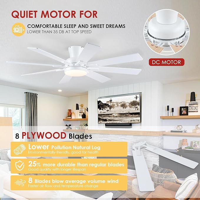 Mpayel Ceiling Fans with Lights, 52 Inch Low Profile Flush Mount Ceiling Fan, Modern White Ceiling Fan with Light for Bedroom Living Room, Remote/APP Control, Quiet DC Motor, Dimmable, 8 Wood Blades