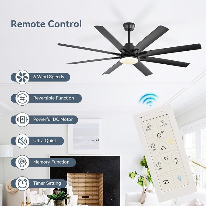 Sofucor 52 Inch Ceiling Fans with Lights, Smart Indoor/Outdoor Ceiling Fan With Remote, Work with Alexa/Google, Quiet Reversible DC Motor, 6-Speed, 8 Blade Black Ceiling Fans for Patio Bedroom Garage