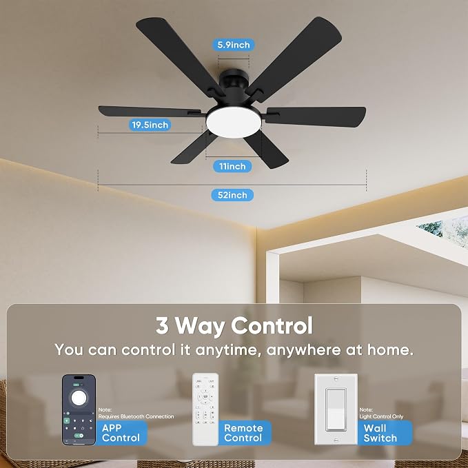 52 Inch Ceiling Fans with Lights, 6 Double Sided Blades, Ultra Quiet Reversible DC Motor, Remote & APP Control, 6 Speeds, 3CCT Dimmable LED with Memory Function, Flush Mount for Living Room, Black