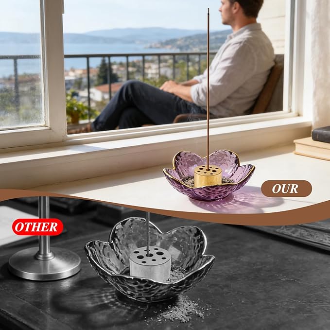 Incense Holder for Sticks and Backflow Incense Handmade Glass Cherry Blossom Incense Stick Holder with 9 Incenses Holes (Upgraded & Larger Cherry Blossom with Gilt-Edged)