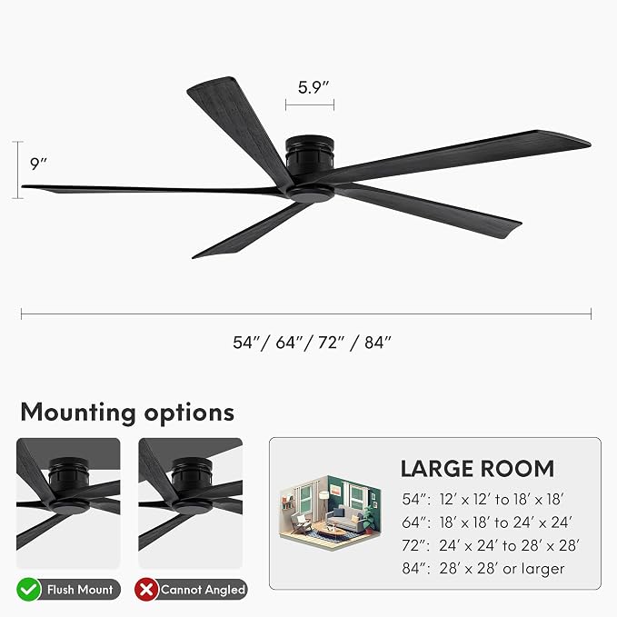 EKIZNSN 84 Inch Outdoor Low Profile Flush Mount Ceiling Fans without Lights for Patios, 110V Noiseless Reversible DC Motor, 6-Gear Speed (Black Finish with Black Blades)