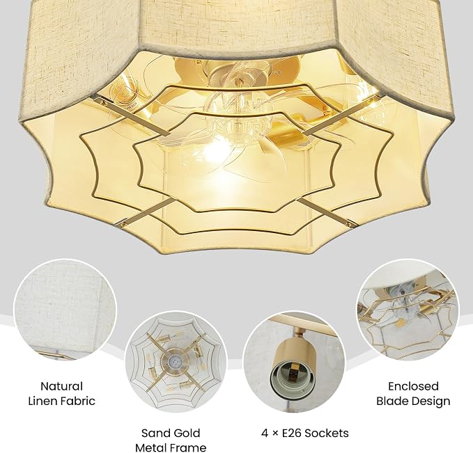 Boho Ceiling Fan with Light, 20'' Flush Mount Caged Ceiling Fan with Light Remote Control, Linen Fabric Low Profile Fandelier with 6 Speeds for Bedroom, Living Room