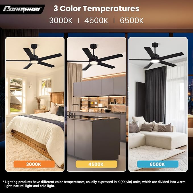 Conciseer Modern Ceiling Fans with Lights,52 Inch Ceiling Fans with Remote for Bedroom Living Room Kitchen, 18W 6CCT Dimmable，5 Blades 6 Speed Reversible Quiet DC Motor Black