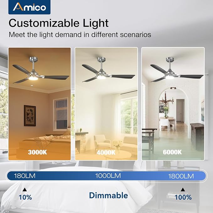 Amico 52 Inch Ceiling Fan with Lights, Modern Nickel 3-Blade Ceiling Fan with Remote Control, Dimmable LED, 3CCT, Quiet Reversible Motor, Indoor/Outdoor for Patio, Living Room, Bedroom, Kitchen