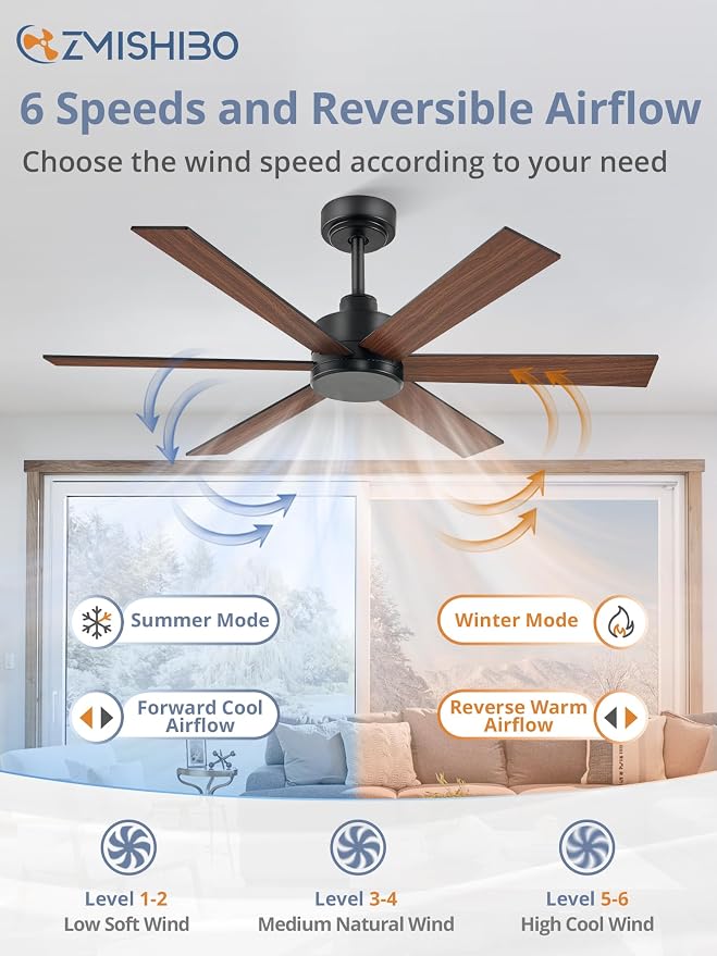 ZMISHIBO 48 Inch Ceiling Fan No Light, Black Ceiling Fan Without Light, 6 Blades, Quiet Reversible DC Motor, 6-Speeds, Modern Ceiling Fan for Living Room, Bedroom, Patio, Indoor/Outdoor Use