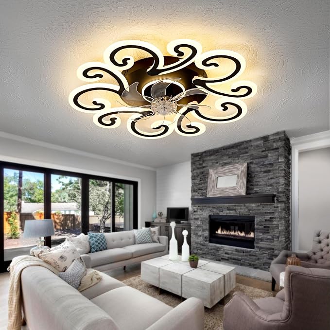 Black Flower Modern Ceiling Fans with Lights, Low Profile Ceiling Fan with Remote for Bedroom, Flush Mount Ceiling Fan with LED Dimmable Light,6-Speeds, Timing CeilingFan Light-yun