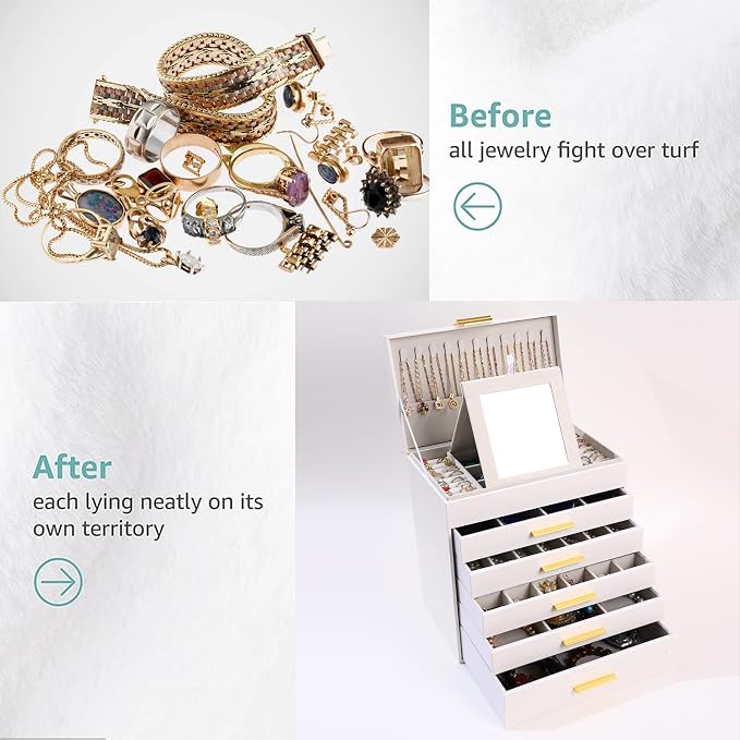 BOOVO Jewelry Boxes for Women, White and Black 6 Layer Large Jewelry Box for Necklace, Bracelet, Earrings, Rings Storage, Jewelry holder Organizer for Girls Gift (White and Gold, 6 layer)