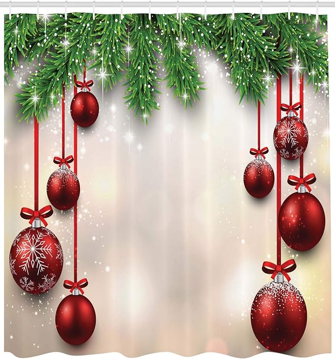 Ambesonne Christmas Shower Curtain, Xmas Traditional Winter Season Theme Fir Twigs and Vibrant Balls Graphic Print, Cloth Fabric Bathroom Decor Set with Hooks, 69" W x 84" L, Green and Red