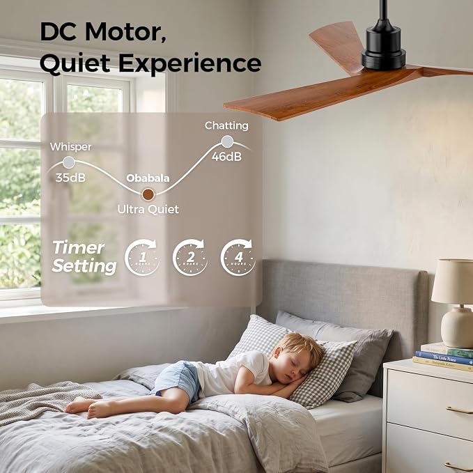 Obabala Ceiling Fan 52 Inch with Remote, Solid Wood Blades DC Motor 5000 CFM Quiet 35dB, Reversible 6 Speed Modern Farmhouse for Bedroom Living Room Indoor Outdoor, No Light with Downrod