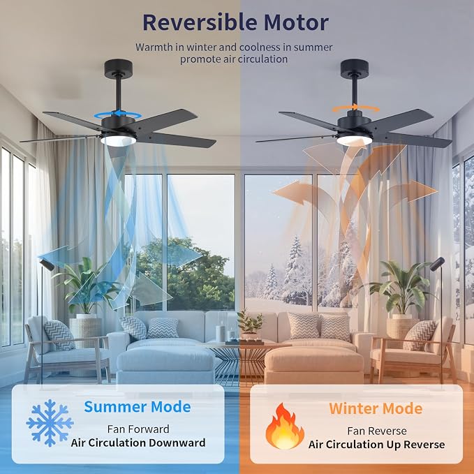 42 Inch Ceiling Fans with Lights and Remote for Bedroom Living Room Kitchen Home Office Indoor/Outdoor, 6CCT Dimmable, Dual Color 5 Blades, 6 Speed Reversible Quiet DC Motor, Black/Wood Grain