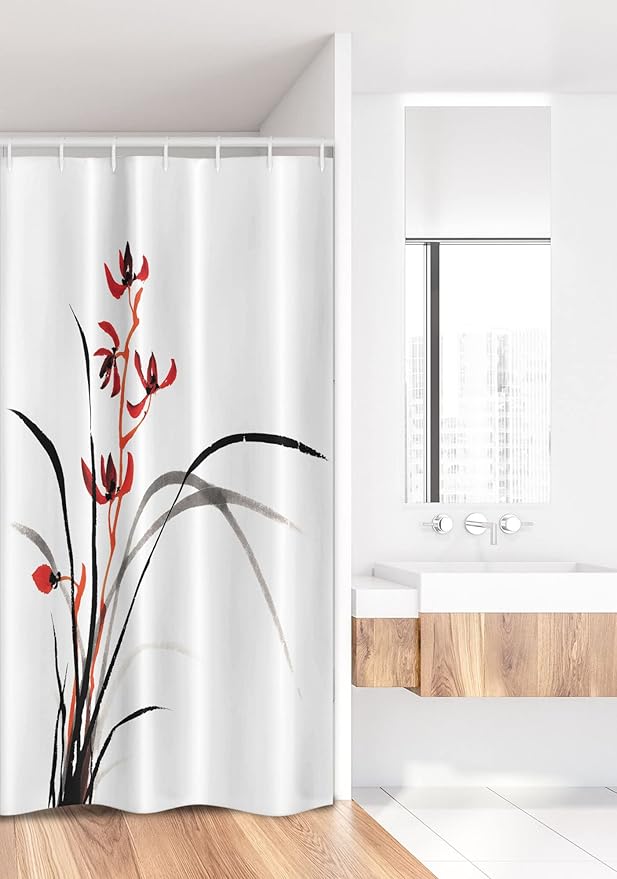 Ambesonne Japanese Stall Shower Curtain, Classic Cultural Chinese Ink Paint of Native Wild Orchids Reflexive Birches, Fabric Bathroom Decor Set with Hooks, 36" W x 72" L, Orange Black
