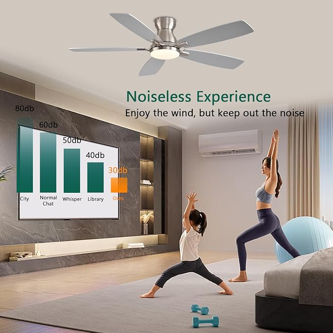 NKPU Ceiling Fans with Lights, Low Profile Ceiling Fan with Light and Remote/APP Control, DC Motor, Noiseless, Flush Mount, 52inch Nickel Ceiling Fan for Bedroom Indoor/Outdoor Use