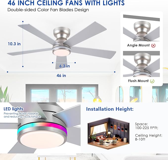 RGB Ceiling Fans with Lights, 46" Flush Mount Ceiling Fan with Remote APP, RGB+3CCT Dimmable Led Light, Reversible 6 Wind Speeds&2H Timer, Low Profile Modern Fan Light Fixture for Bedroom Party Silver