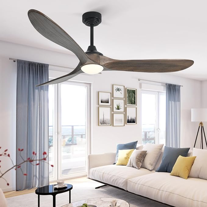 60” Outdoor Ceiling Fan with Light 3 Downrods, Smart Wood Ceiling Fan Compatible with Alexa/Google/App, 3 Blades Modern Walnut Wood Ceiling Fans for Kitchen Living Room Patio,Dark Brown