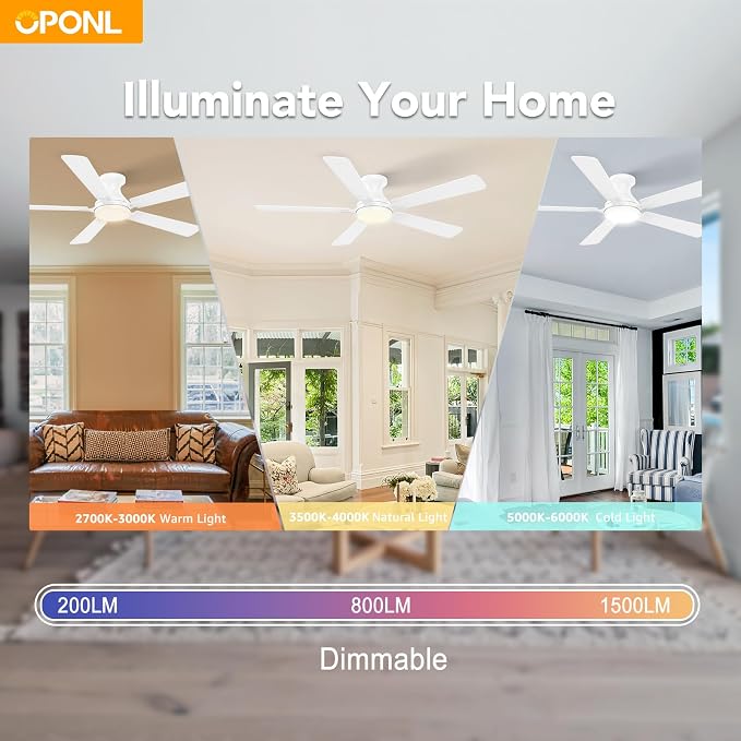 OPONL Ceiling Fan with Light, 52 inch Low Profile Ceiling fan with Light and Remote Control, Reversible, 6CCT, Dimmable, Noiseless, White Ceiling Fan for Bedroom, Indoor/Outdoor Use, Modern