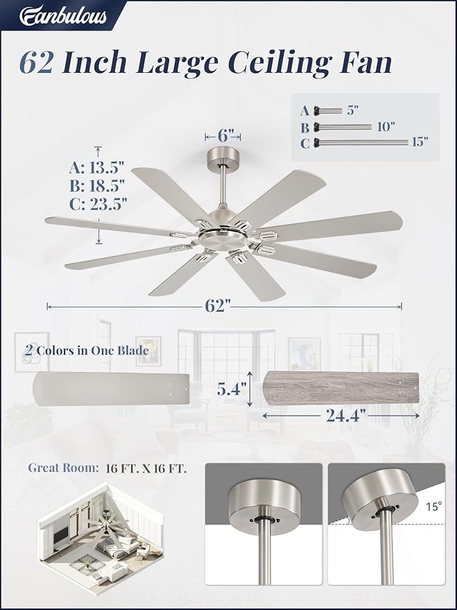 Fanbulous Ceiling Fans No Light with Remote, Modern Ceiling Fan Without Light, Dual Finish 6 Blades, Reversible Quiet DC Motor, 6 Speed, Large Ceiling Fan for Indoor or Outdoor (Nickel, 62 Inch)