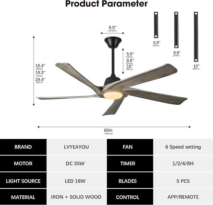 60" Solid Wood Ceiling Fan with Lights, Remote and APP Control, 3-color Dimmable LED, 6-speed Reversible, Modern Ceiling Fans for Bedroom, Living Room, Outdoor/Indoor, Greywood