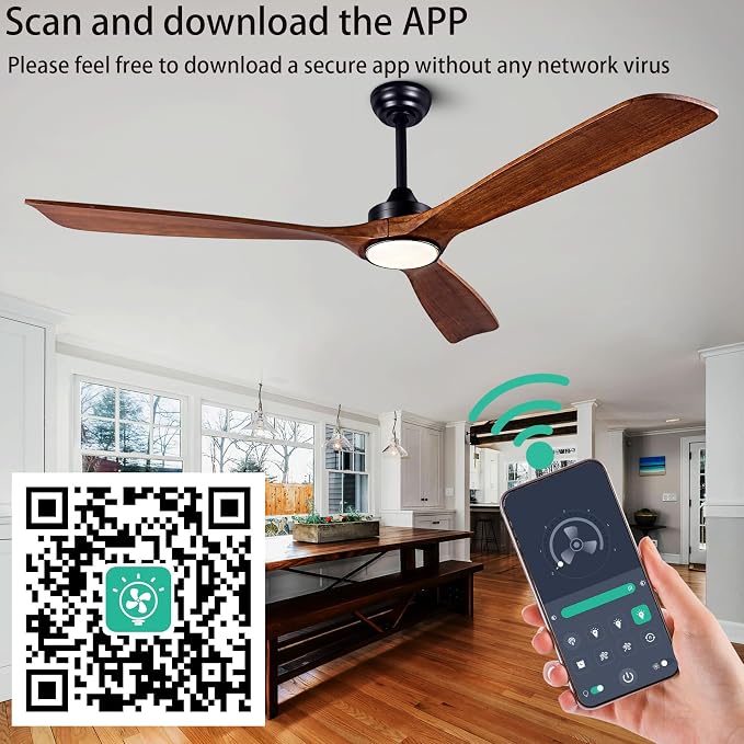 60'' Solid Wood 3Blades Ceiling Fan Light DC Motor APP Remote 3CCT Dimmable | walnut solid wood blades, pure copper quiet dc inverter motor, remote & app control,3cct dimmable led light,indoor farmhouse