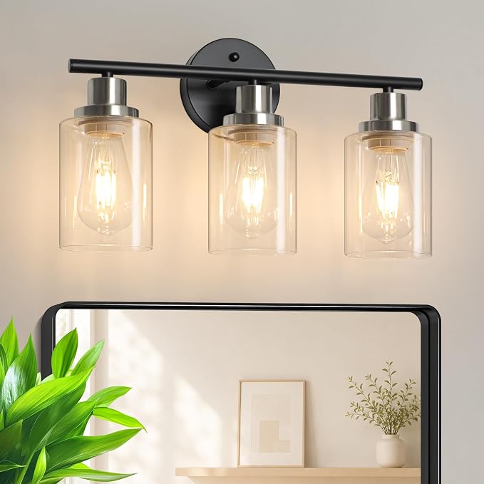 Unicozin Modern Bathroom Light Fixtures, 3 Light Vanity Lights, Black and Brushed Nickel Wall Lamp with Clear Glass for Bathroom, Mirror, Living Room, Bedroom, Hallway, E26 Base