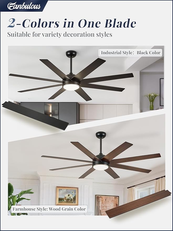 Fanbulous Ceiling Fan with Light, 72 inch Large Black Ceiling Fan with Light and Remote, Indoor/Outdoor use for Living Room Patio, 6 Speeds, Reversible Quiet DC Motor, 3 CCT, 8 Blades
