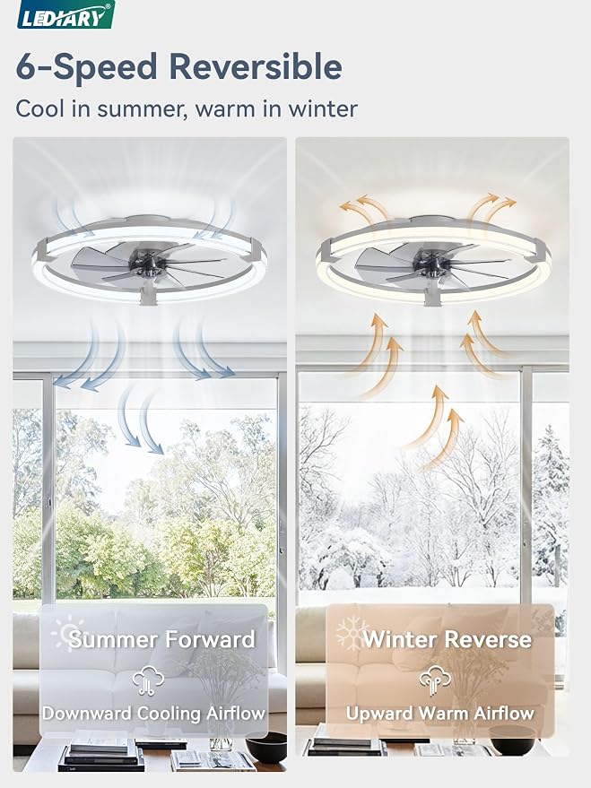 LEDIARY Ceiling Fans with Lights, 23 Inch Low Profile Ceiling Fan with Remote, 6 Speeds, Reversible, Dimmable Flush Mount Fan Light, Modern Fandelier Ceiling Fan with Lights for Bedroom, Grey