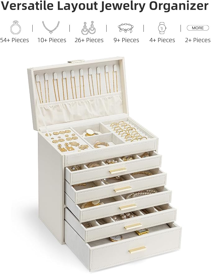 VLANDO 6 Layer Large Jewelry Box - Jewelry Holder Organizer, Jewelry Box Organizer for Drawer Necklace Ring Bracelet and Watch, Birthday Gift for Loved Ones - Beige