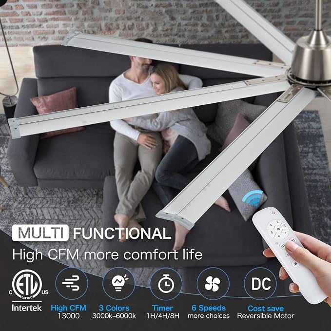 84 Inch Industrial Ceiling Fans with Light,Large Ceiling Fan with Modern 8 Aluminum Blades,Compatible with Alexa,Noiseless DC Motor,Black Outdoor Fan for Garage or Pool area
