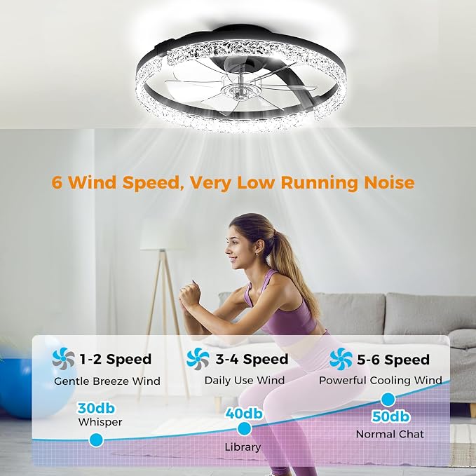 Ceiling Fans with Lights and Remote, Low Profile Ceiling Fan, Morden Flush Mount LED Fan Light, 3000K-6500K Dimmable for Bedroom, Kitchen, Living Room, Srystal, Black