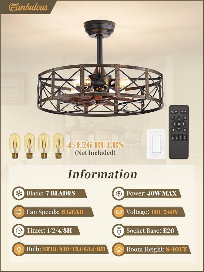 Fanbulous 23 Inch Fandelier Caged Ceiling Fans with Lights and Remote, Black Farmhouse Ceiling Fan, Bladeless Samll Fan Lights Ceiling Fixtures for Kitchen, Bedroom-Black and Gold