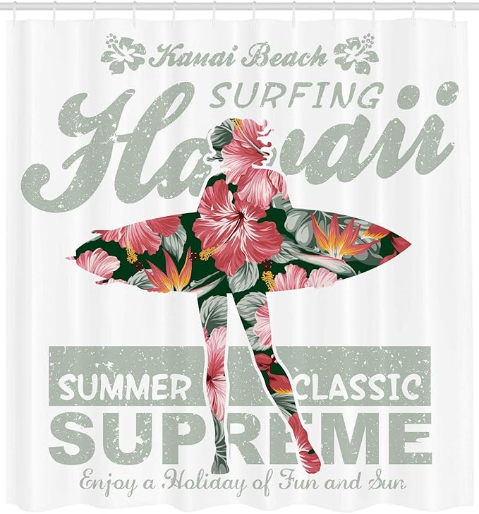 Ambesonne Hawaiian Shower Curtain, Tropical Hawaii Hibiscus Surfing Girl Silhouette Surfboard Retro Themed Artprint, Cloth Fabric Bathroom Decor Set with Hooks, 69" W x 75" L, Fuchsia Green