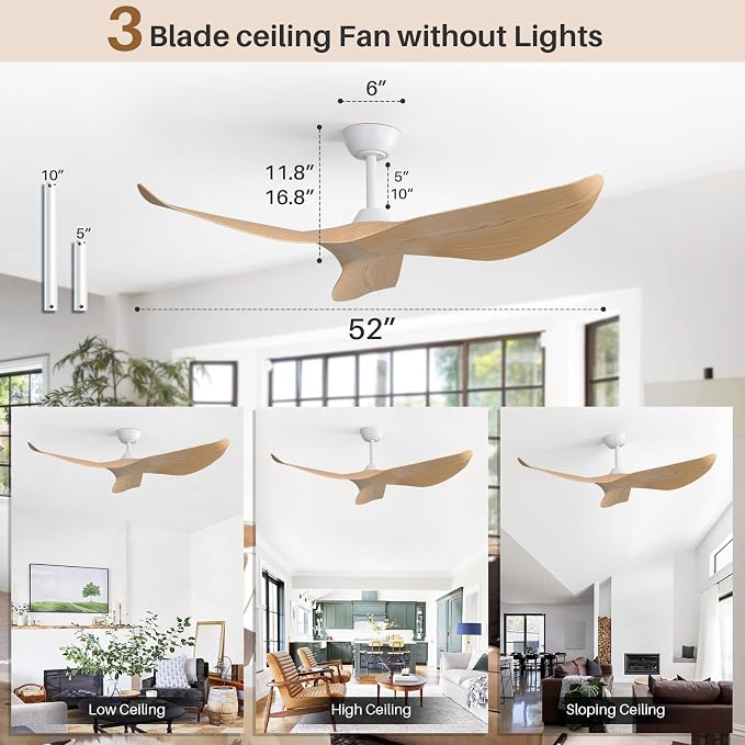 CACI Mall 52 Inch Ceiling Fans No Light, 3 blade ceiling fan without light, Modern, Remote Control, 6 Speeds, Timer, Quiet Reversible DC Motor for Indoor, Living room, Bedroom