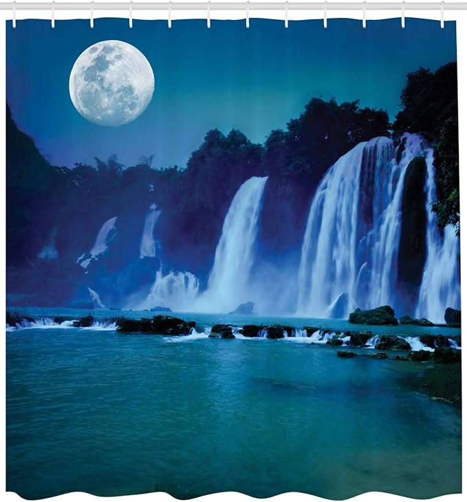 Ambesonne Waterfall Shower Curtain, Waterfall Under Moonlight Full Moon Nature Midnight View, Cloth Fabric Bathroom Decor Set with Hooks, 69" W x 75" L, Turquoise Navy