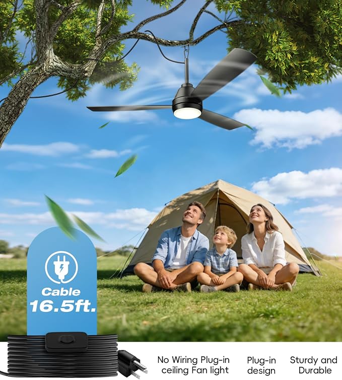 52 inch plug-in ceiling fan light with 16.5ft cord,Gazebo fan light dimmable 3CCT LED,Reversible,Portable Hook Design for bedroom garage tent porch kitchen patio.