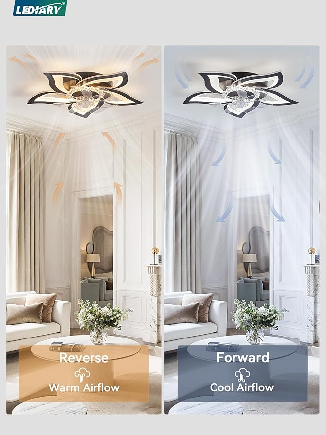 LEDIARY Flower Ceiling Fans with Lights, Black Small Modern Low Profile Ceiling Fan, Dimmable LED Ceiling Light Fixture, Flush Mount Ceiling Fans with Remote for Bedroom, Kitchen, Indoor-27 Inch