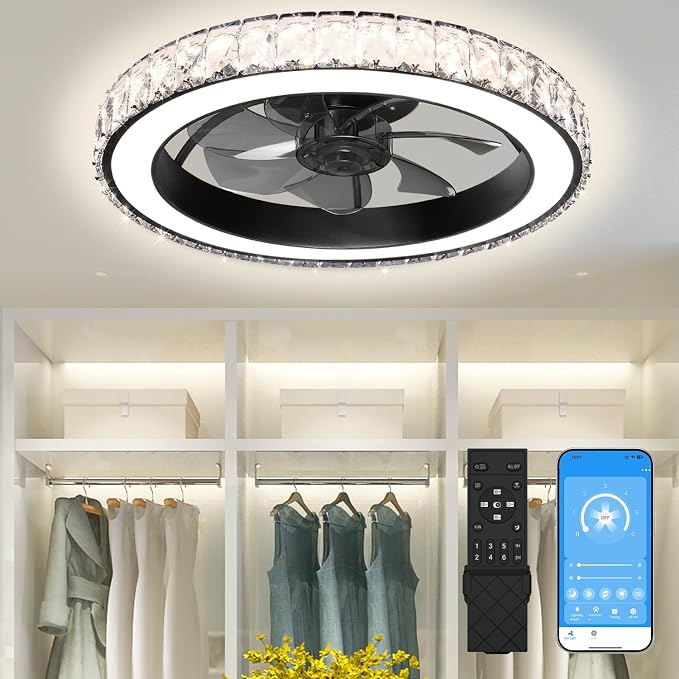 Aipsun Low Profile Modern Crystal Chandelier Ceiling Fans with Lights and Remote, 3000K-6500K Smart Bladeless LED Fan, 18" Black Modern Ceiling Fans with Lights for Bedroom