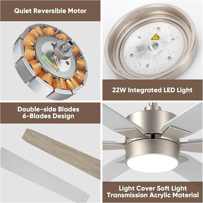 Outdoor Ceiling Fans for Patios with Light, 66 inch Large Ceiling Fans with Lights, Modern Indoor Exterior Large Airflow Commercial Ceiling Fan for Gazebo Porch Garage, Dual Finish-Nickel & Oak Gray
