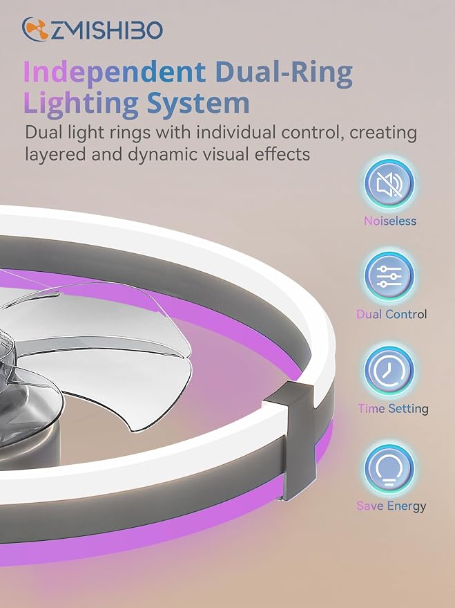 ZMISHIBO RGB Ceiling Fans with Lights and Remote, 20 inch Low Profile Ceiling Fan with Light, 3000K-6000K Dimmable & RGB, Modern Fandelier Flush Mount Ceiling Fan, Small LED Fan for Bedroom,Grey