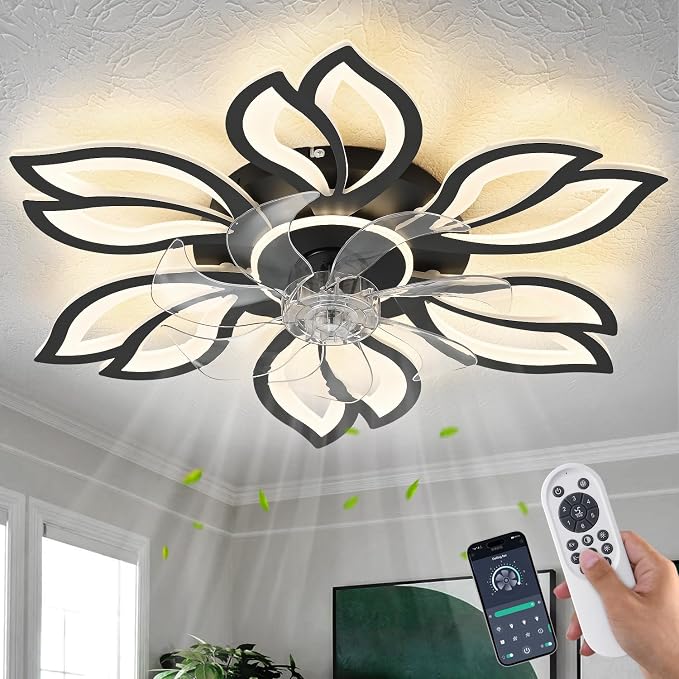 Black Flower Modern Ceiling Fans with Lights, Low Profile Ceiling Fan with Remote for Bedroom, Flush Mount Ceiling Fan with LED Dimmable Light,6-Speeds, Ceiling Fans Light