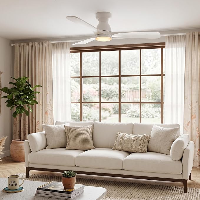 52in Smart Flush Mount Ceiling Fans with Lights,Outdoor Low Profile White Ceiling Fan Quiet DC Motor,Work with Alexa/Gg Voice Control/App/Remote,Dimmable,6-speed,3 Wood blades Fan for Patio,Porch