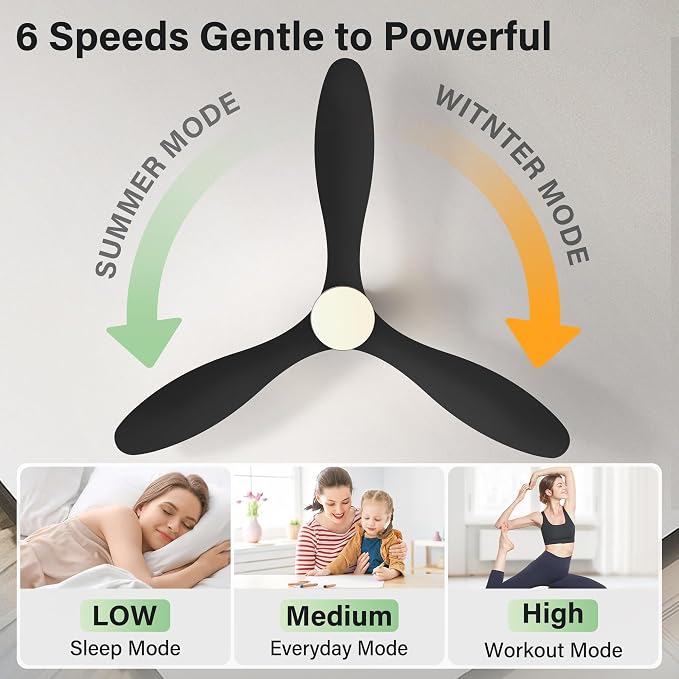 52" Wood Ceiling Fans with Lights Remote,Smart Control via Alexa App,Quiet DC Motor,Flush Mount Low Profile Ceiling Fan for Modern Bedroom,Living Room,Patio,Outdoor Indoor,Matte Black,Dimmable,6-Speed