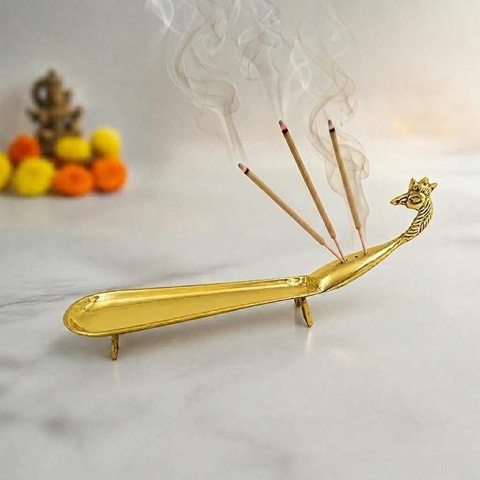 Putrika Brass Incense Stick Holder Stand | Holder | Burner with Ash Catcher Agarbatti | Batti Stand Dhup | Dhoop Best for Puja | Pooja [24cm*2.5cm*7.5cm][Weight: 170gm]- Peacock Agarbatti (Plain)