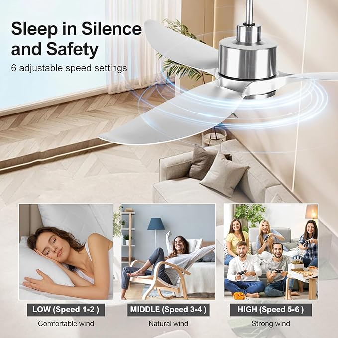 52 Inch Silver Ceiling Fan with Lights and Remote High CFM 3 Blades | Quiet DC Motor, Sleek, Reversible Motor, Timer, 6 Speeds, for Indoor Outdoor Bedroom Living Room Kitchen