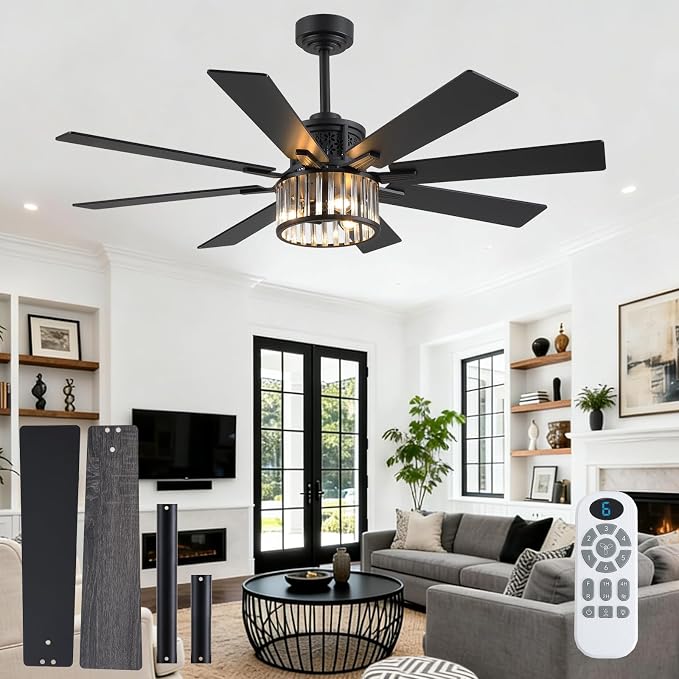 NKPU 52 Inch Farmhouse Crystal Ceiling Fans with Lights and Remote, Chandelier Industrial Ceiling Fan with Dual 8 Blades, 6 Speed Reversible Motor, Timing, Black Ceiling Fan for Living room Bedroom