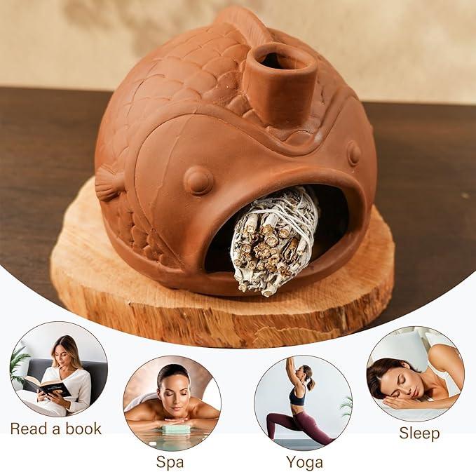 MOUGIGI Large Fish-Shaped Terracotta Palo Santo Holder - Cone Burner for Sage,Chiminea Incense Dish with Chimney,Ideal for Meditation, Zen, Yoga, Spa & Wellness | Anxiety & Stress Relief Items