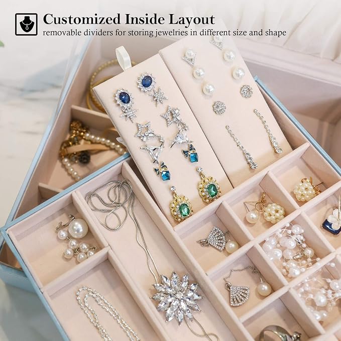 ProCase 2 Layers Jewelry Box for Women -Blue | Large Leather Jewelry Organizer Storage Case with Removable Pad for Earrings