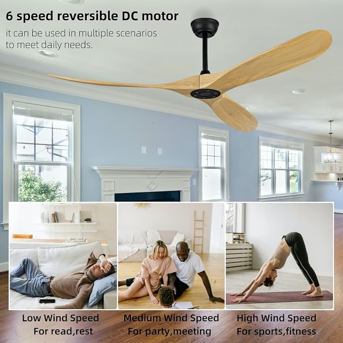 72 Inch Large Ceiling Fan, Reversible DC Motor Ceiling Fan Without Light, Can Set Time 1H/4H/8H, Suitable for Living Room, Dining Room, Office, Outdoor Terrace (Natural Wood, 72 inch)